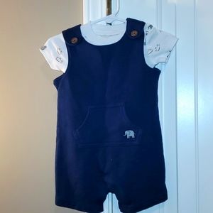 9 most 2 piece blue romper with a white onesie. Worn only once.